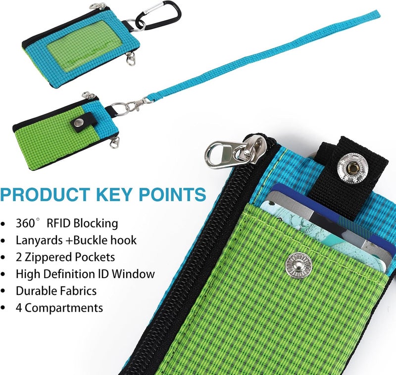 MASAPHIL MASAPHlL Small Lanyard Wallet for Women/Men with RFID Blocking ID Card Wallet, Minimalist Nylon Zipper Pouch, Travel Neck Wallet with Keychain, ID Window for Card,Coin,Cash (Emerald Green+Sky Blue) - Image 3